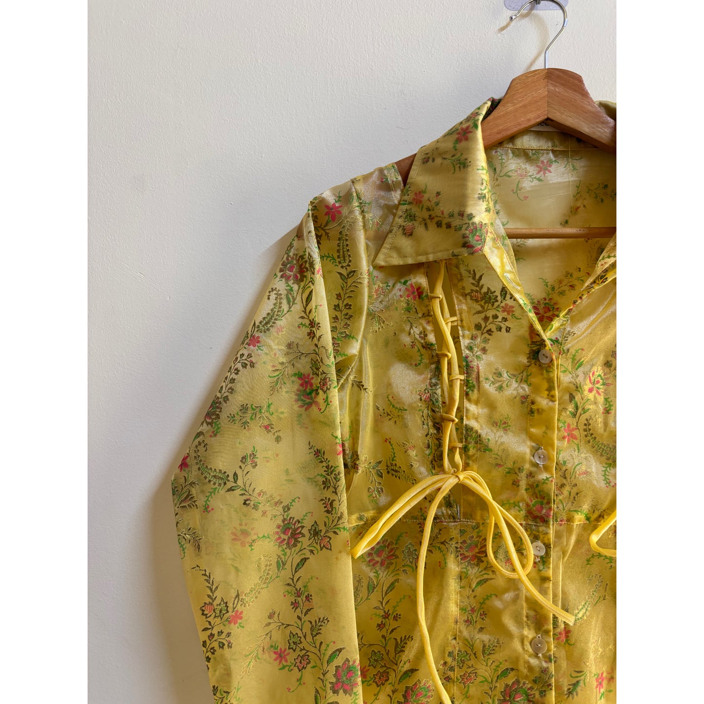 Butter yellow paisley pink flower shirt