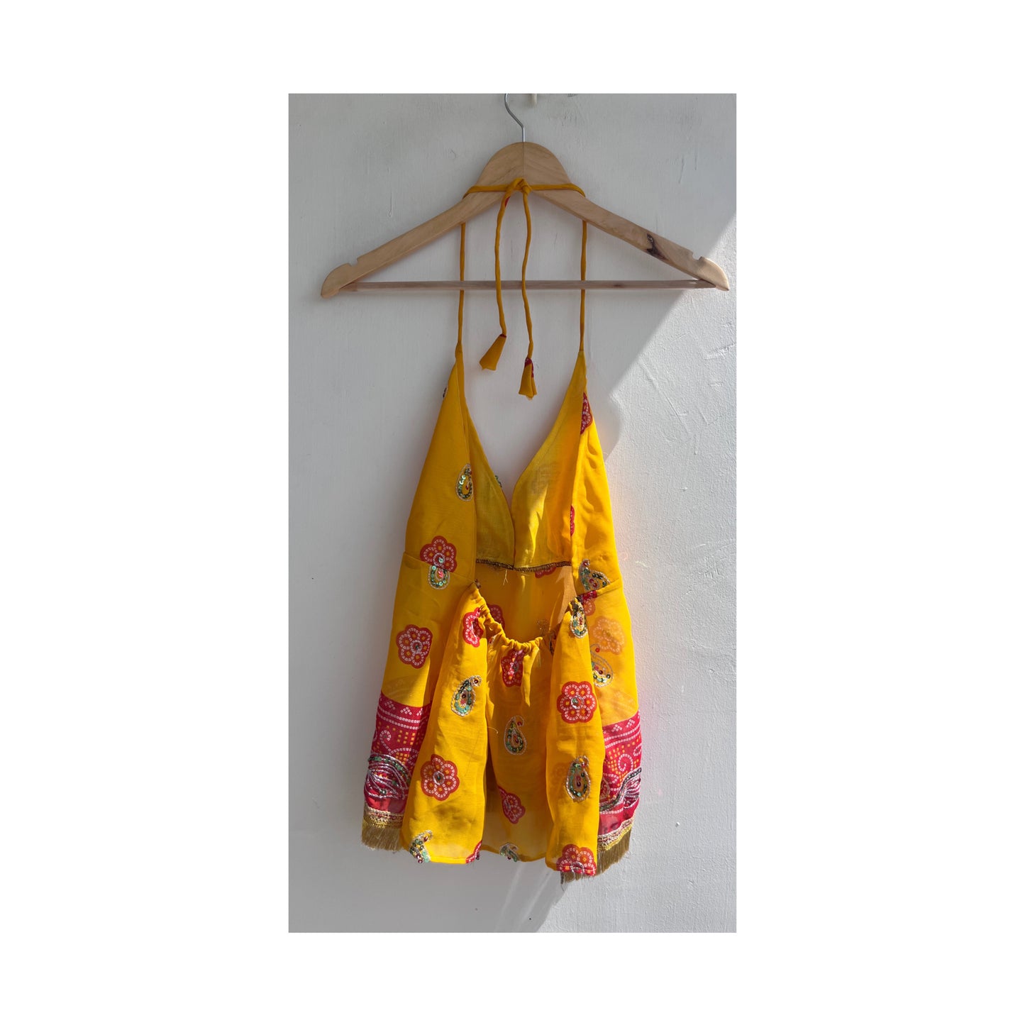 Mustard red with aari work and frill golden lace