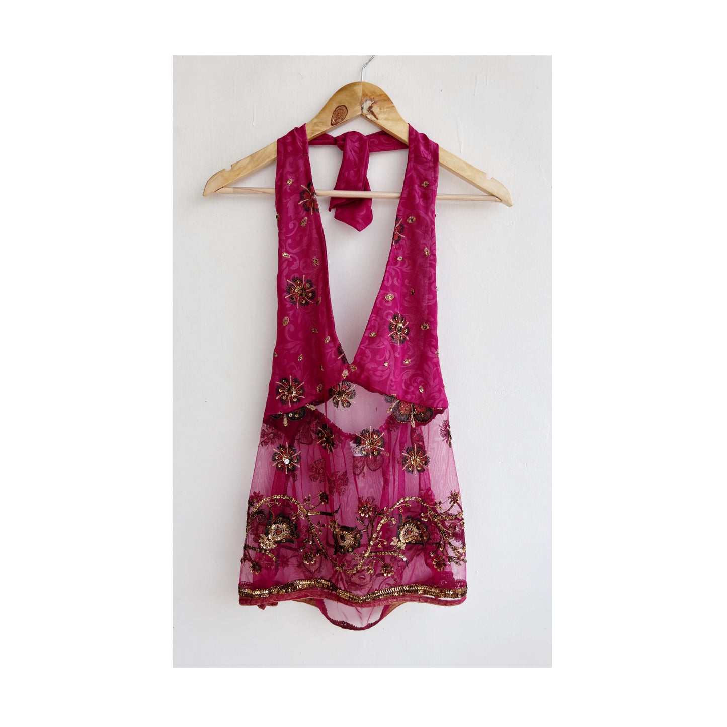 Pink self design with handwork halter neck
