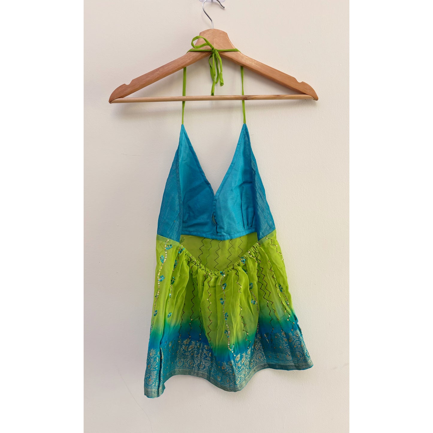 Blue green handwork top with floral border