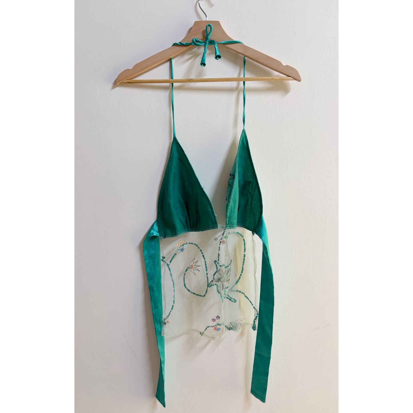 Mystic garden teal embellished mesh top
