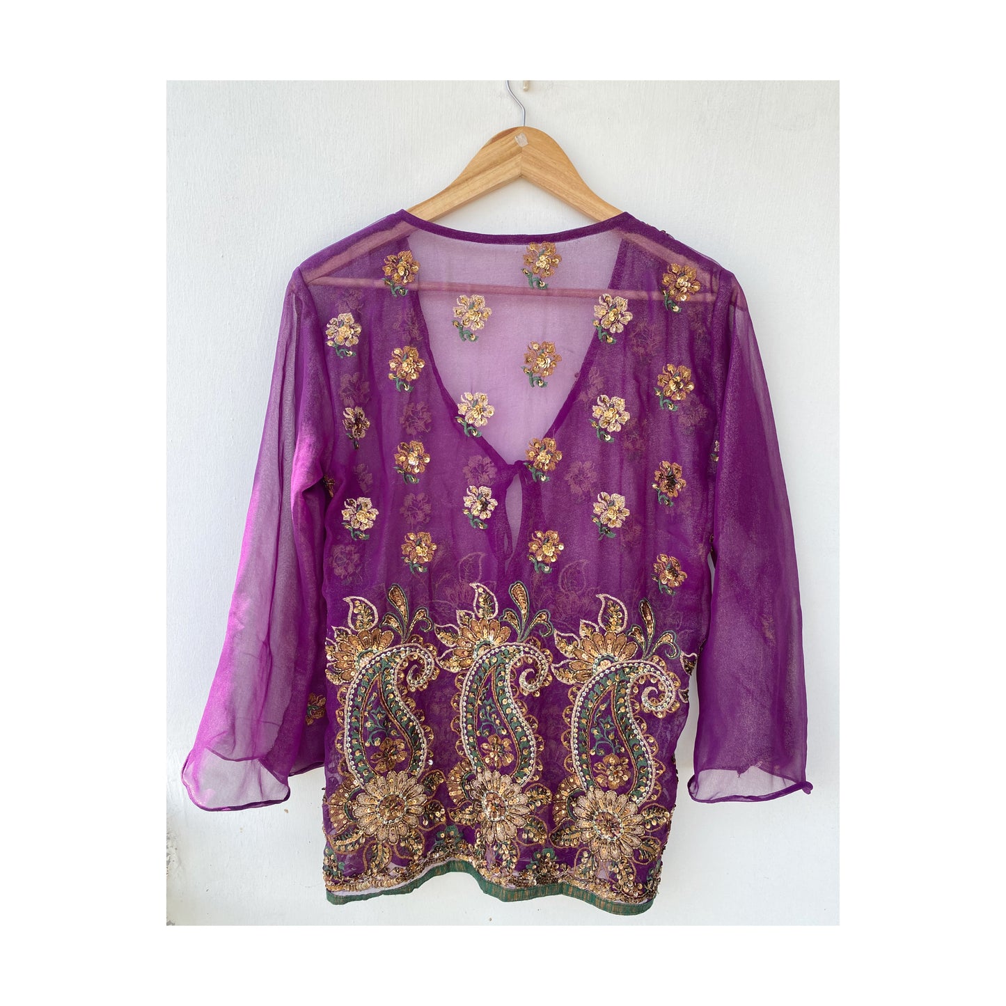 Purple exquisite paisley sequins & thread top
