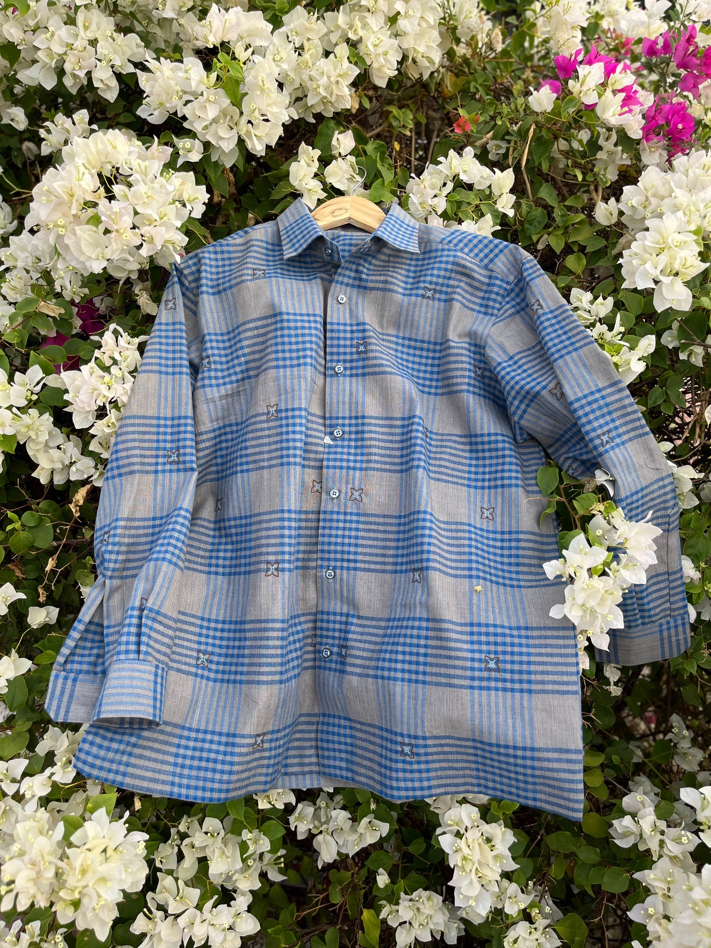 Blue grey madras checkered shirt with embroidery