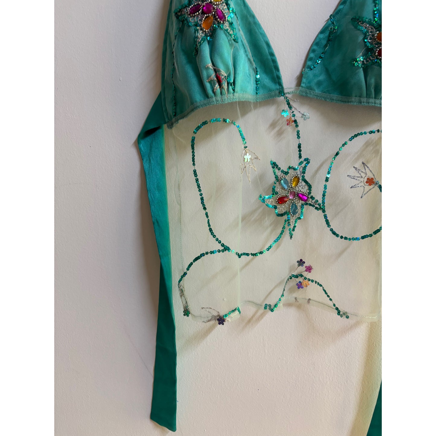 Mystic garden teal embellished mesh top