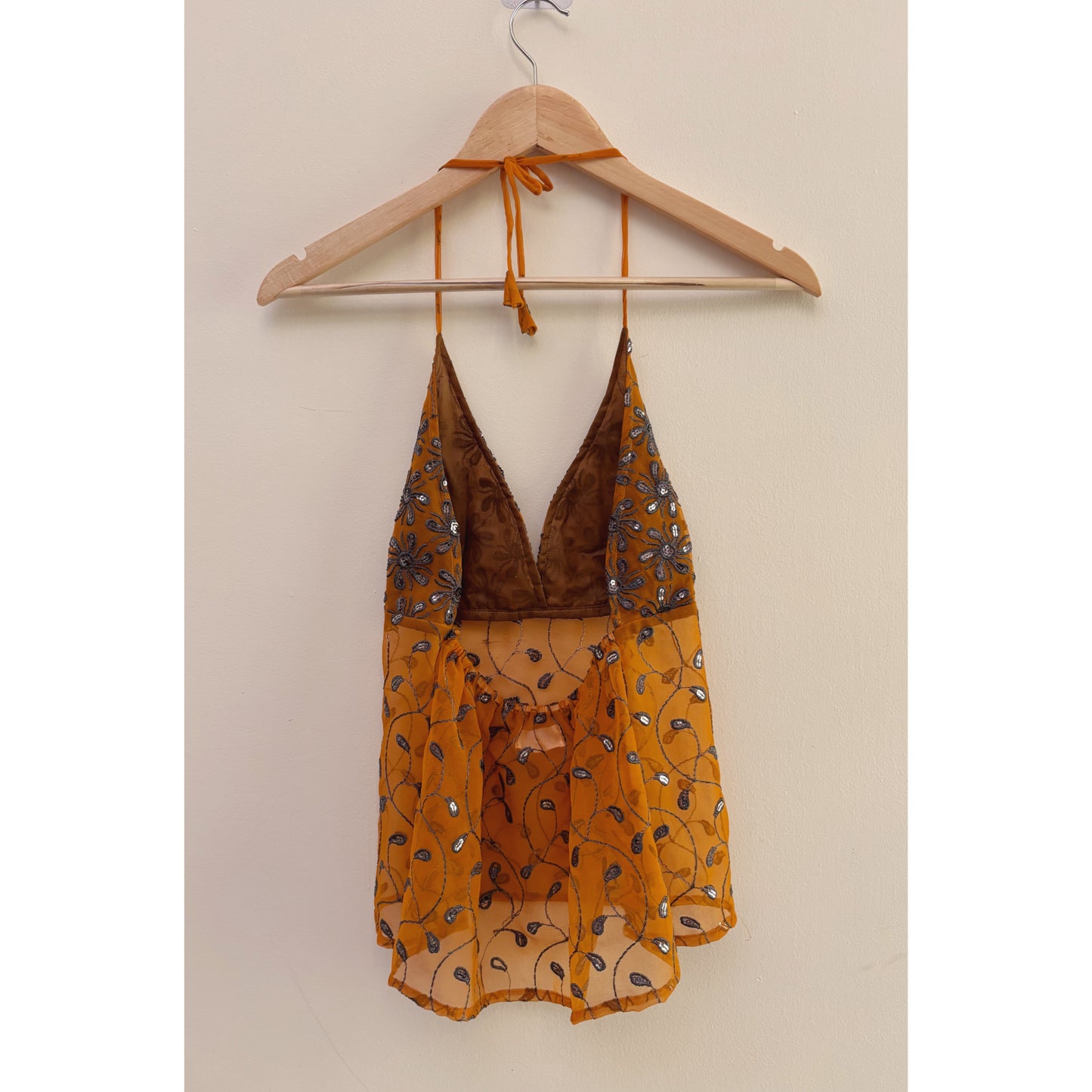 Mustard vintage motif halter neck top