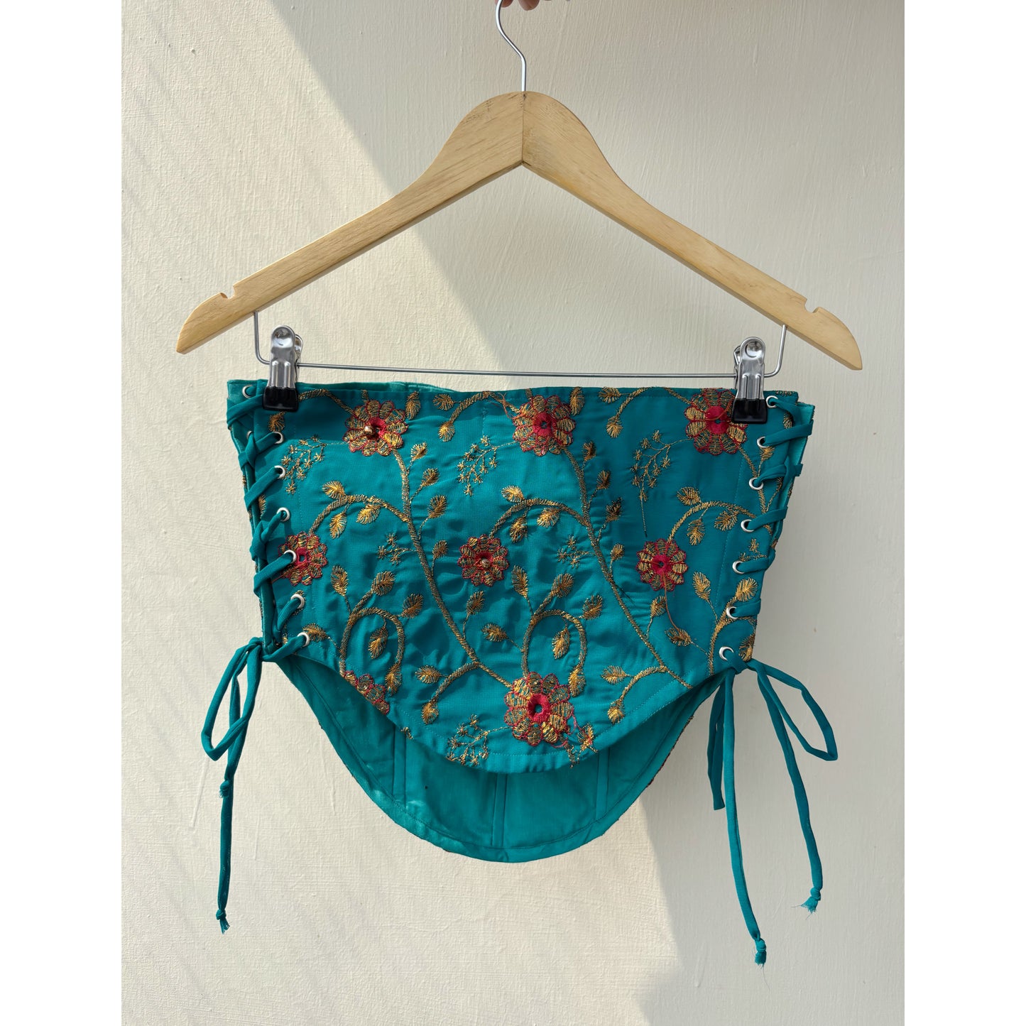 Turquoise floral embroidered corset