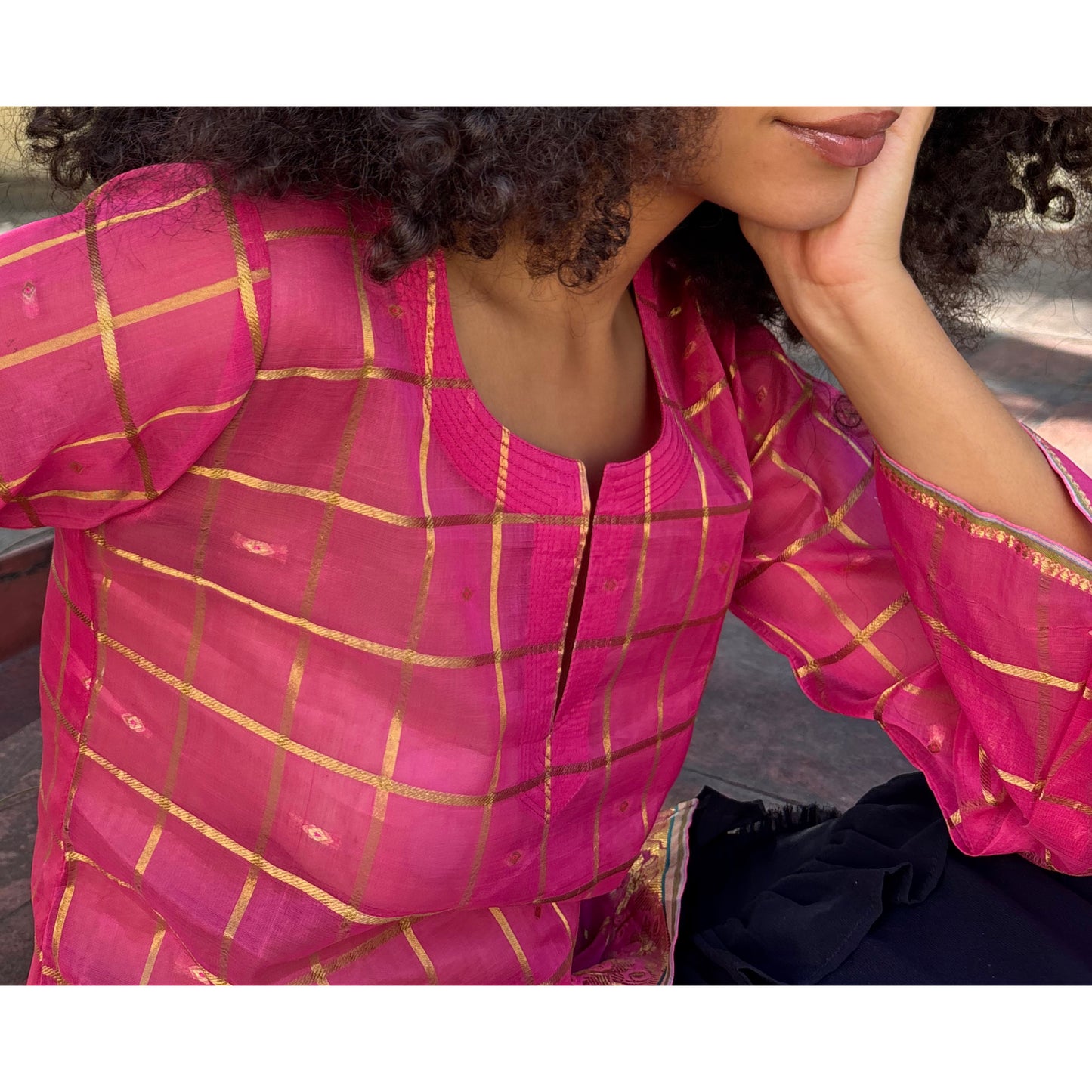 Pink golden checkered kurta