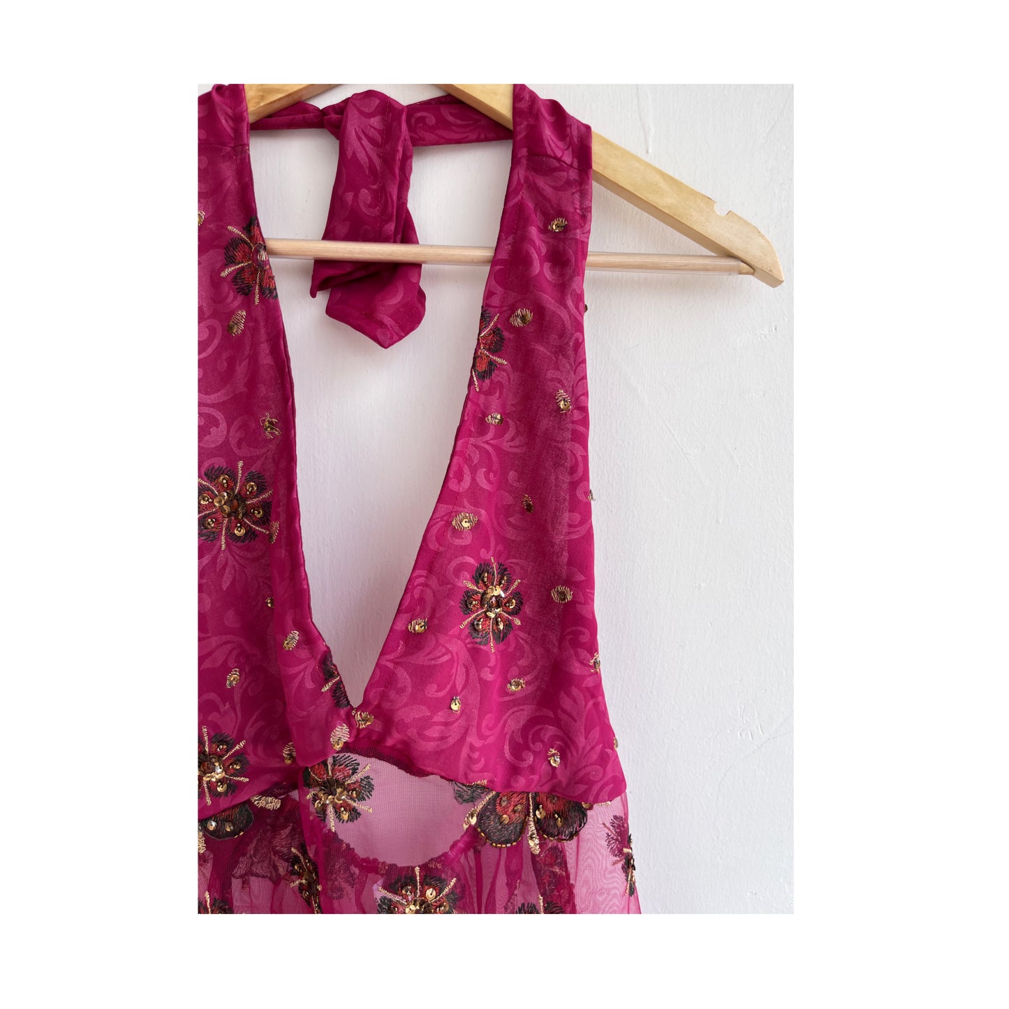 Pink self design with handwork halter neck