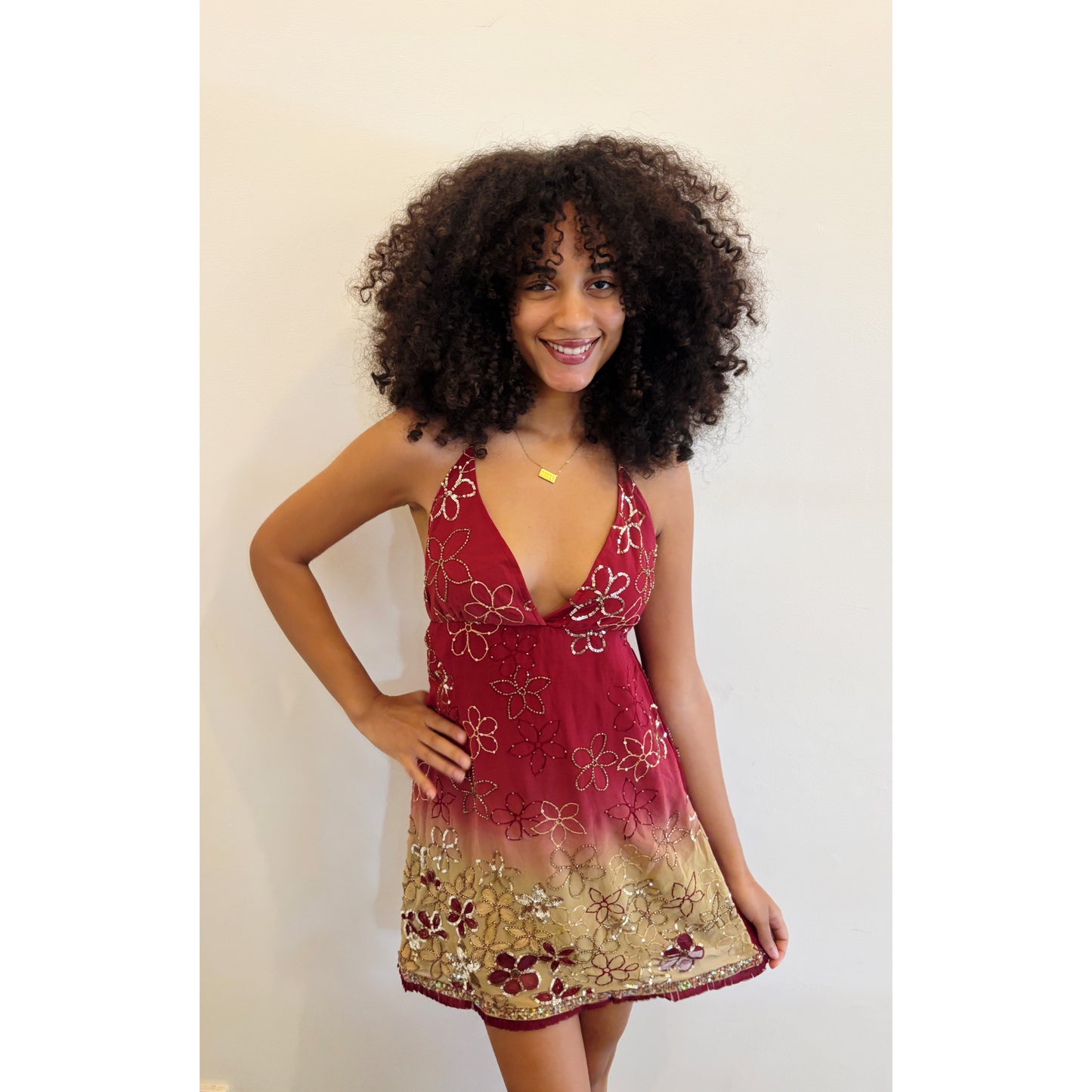 Red beige vintage motif dress