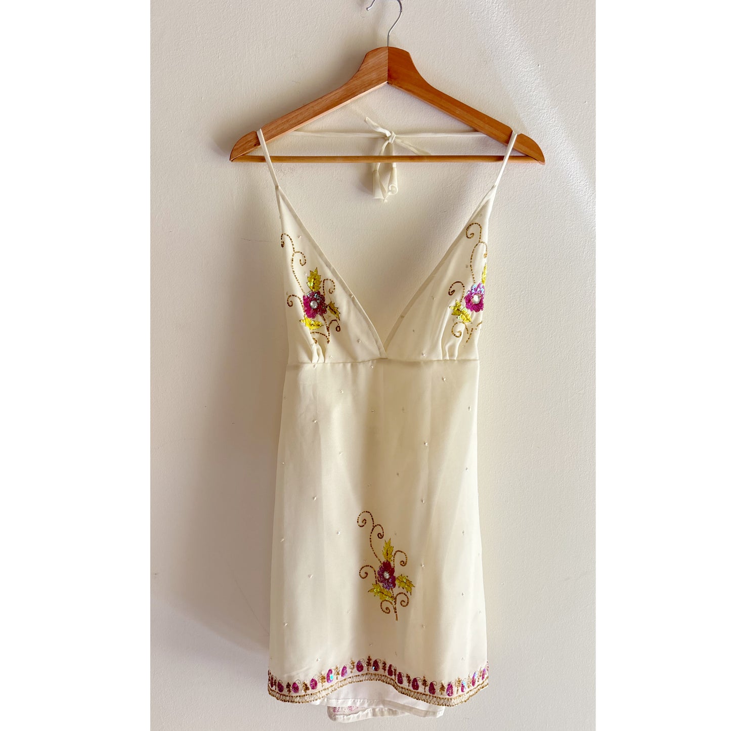 White vintage sequins work halter neck dress