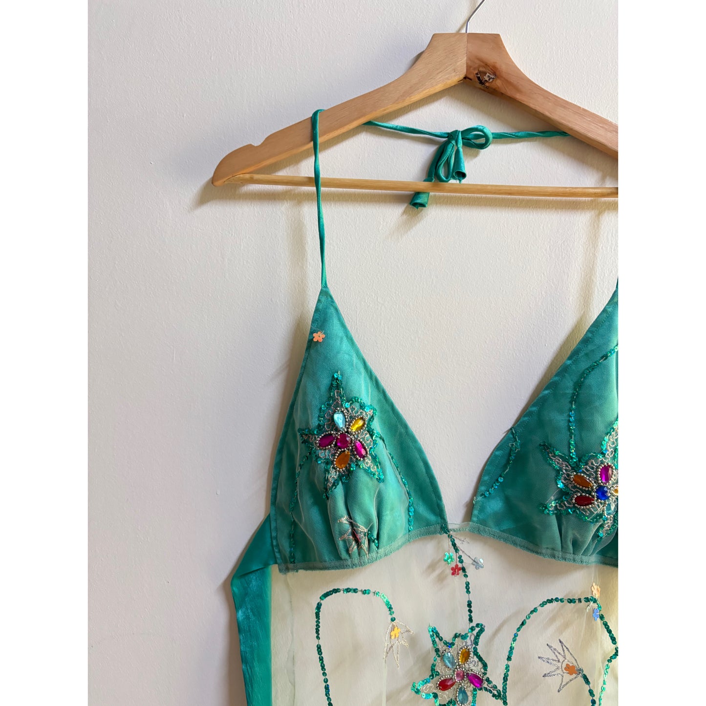 Mystic garden teal embellished mesh top