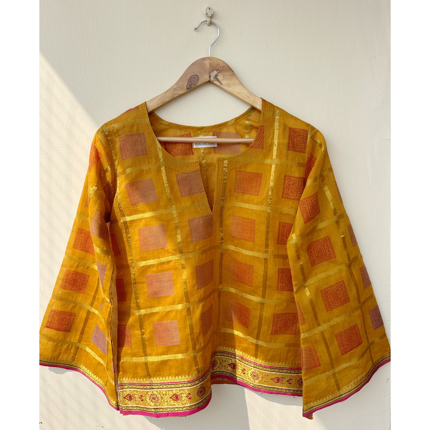 Mustard gold checkered kurta with border