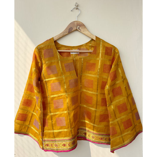 Mustard gold checkered kurta with border