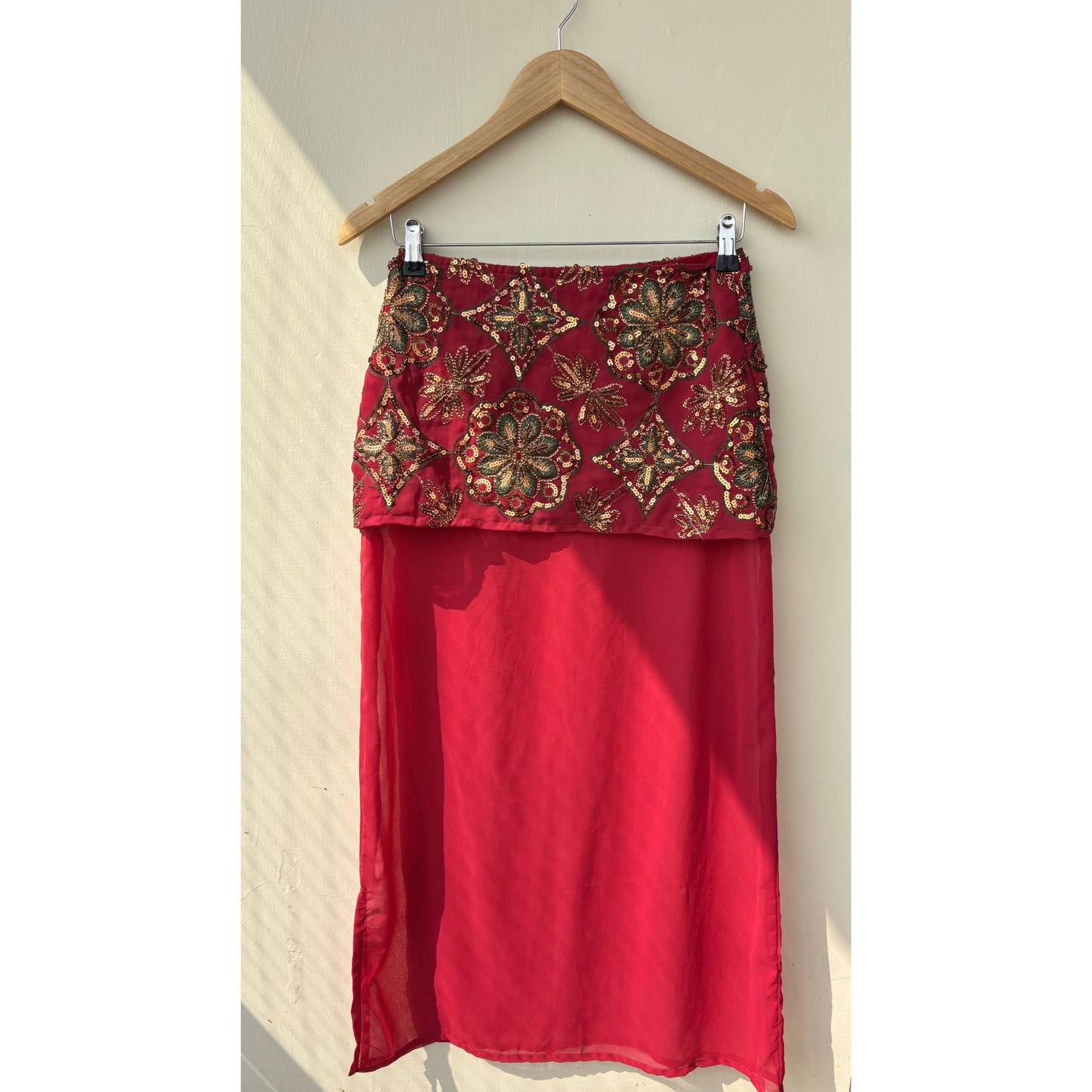 Deep red sequin thread work skirt
