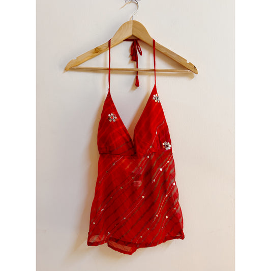 Leheriya mirror work halter neck top
