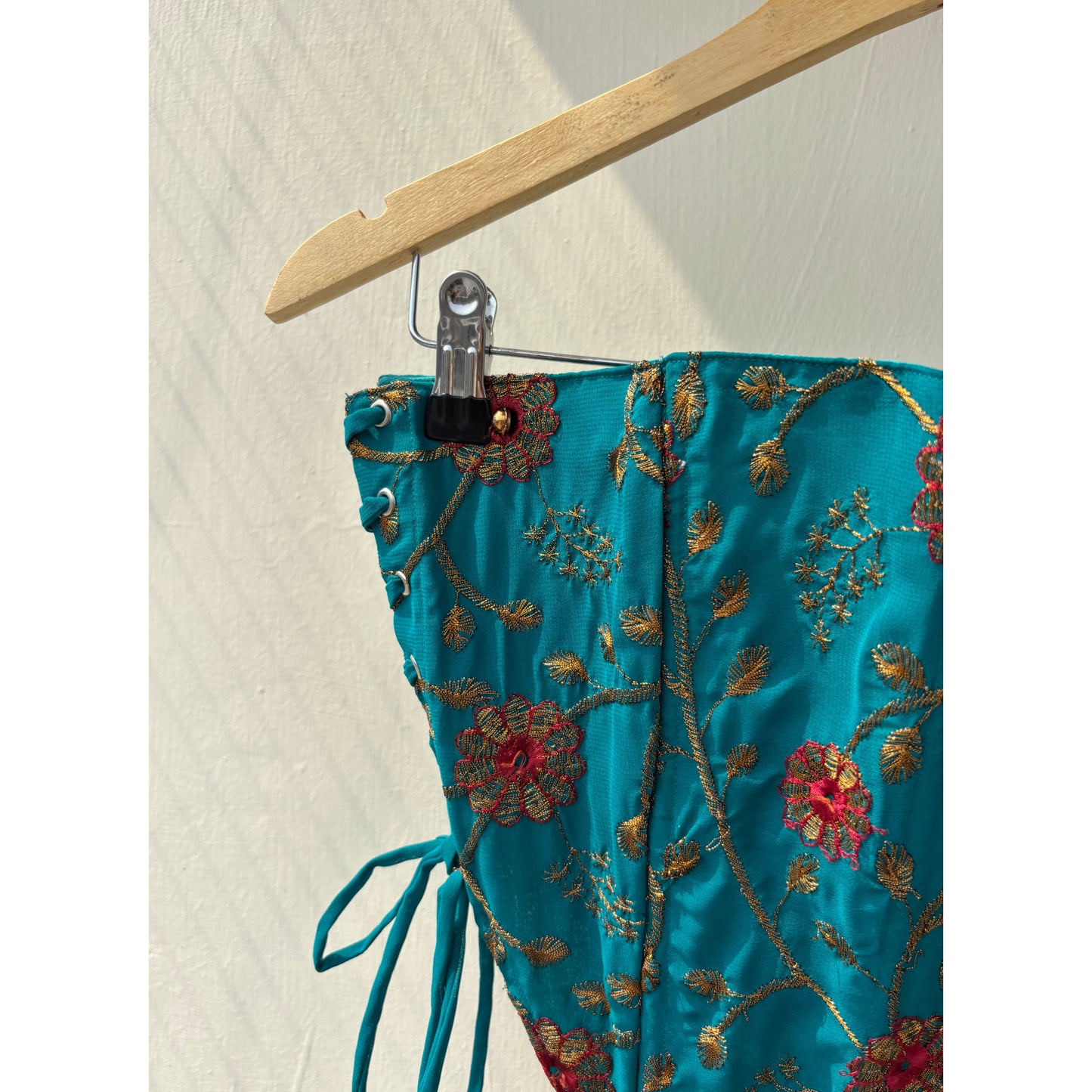 Turquoise floral embroidered corset