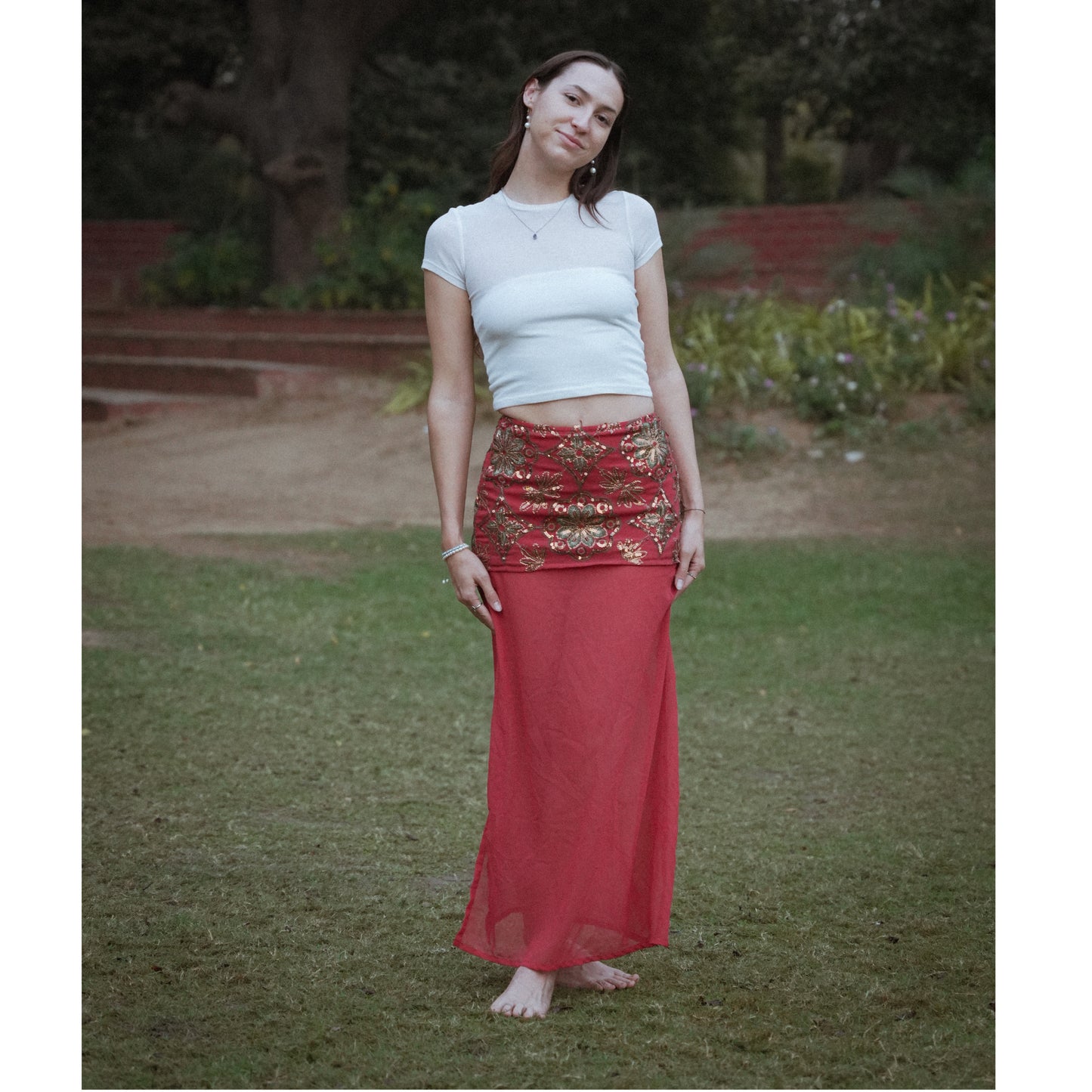 Deep red sequin thread work skirt