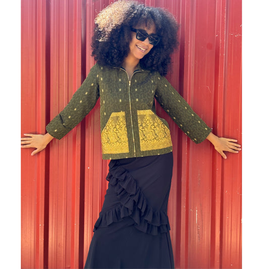 Olive jacket with golden weave pockets