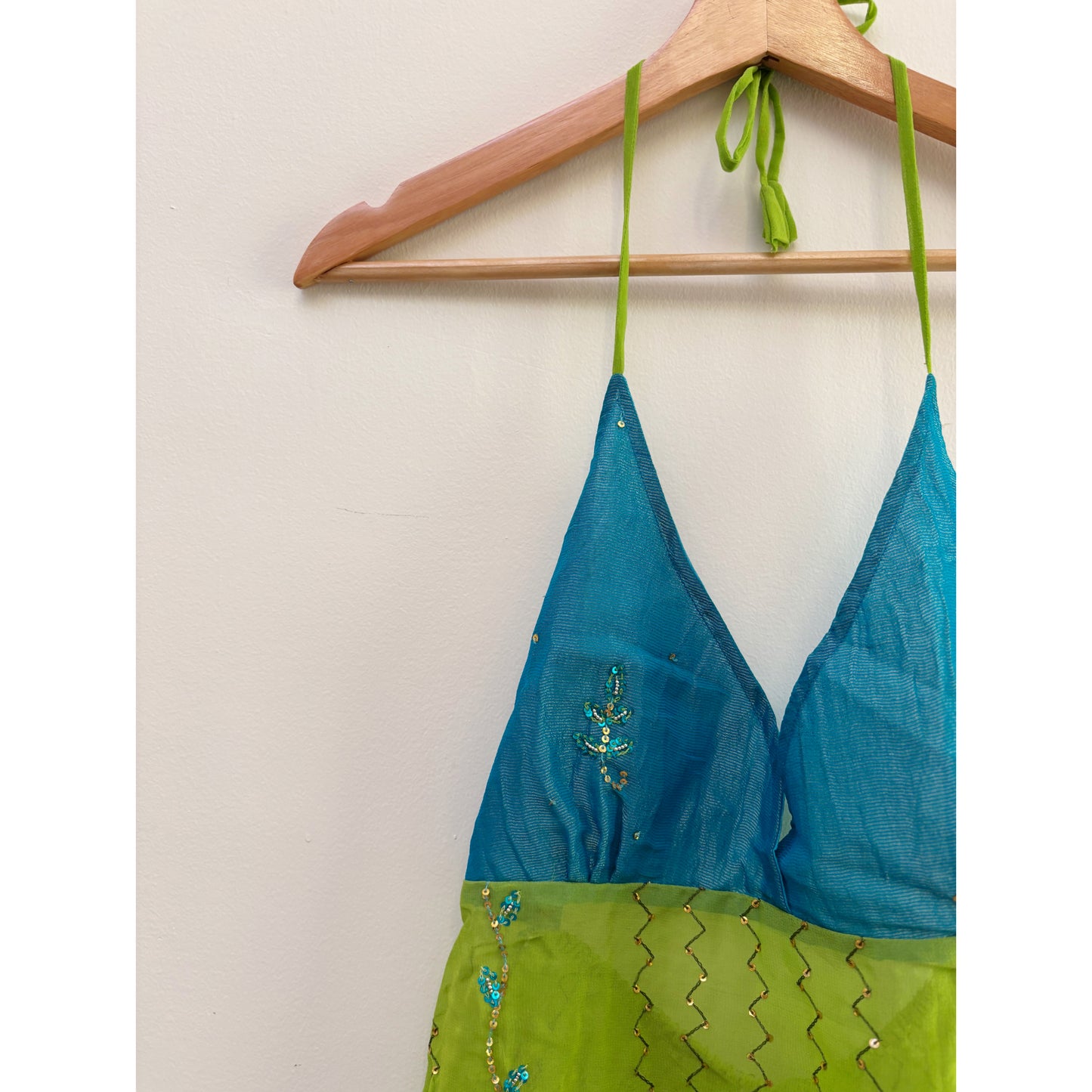 Blue green handwork top with floral border