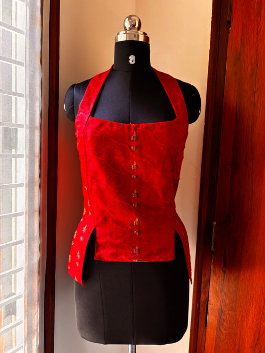 Crimson red embroidered corset