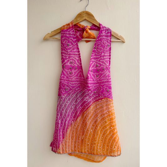 Pink orange beaded bandhani halter neck