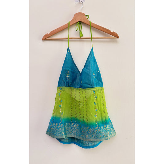 Blue green handwork top with floral border