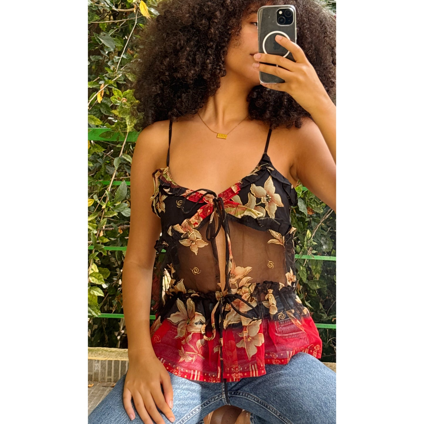 Black and red gold floral top