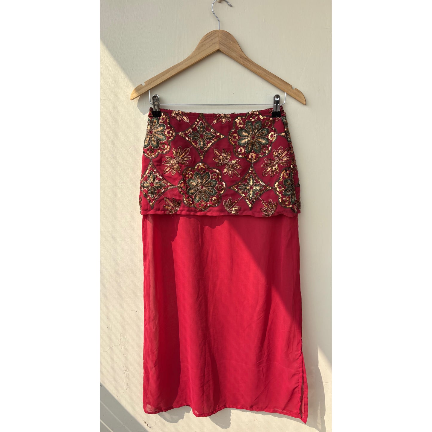Deep red sequin thread work skirt