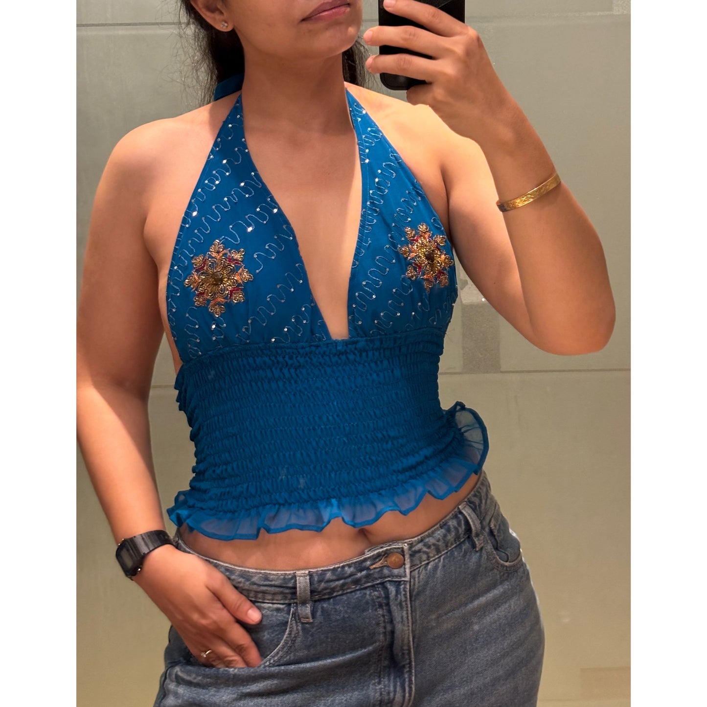 Cobalt blue Floral Embellished Halter Top