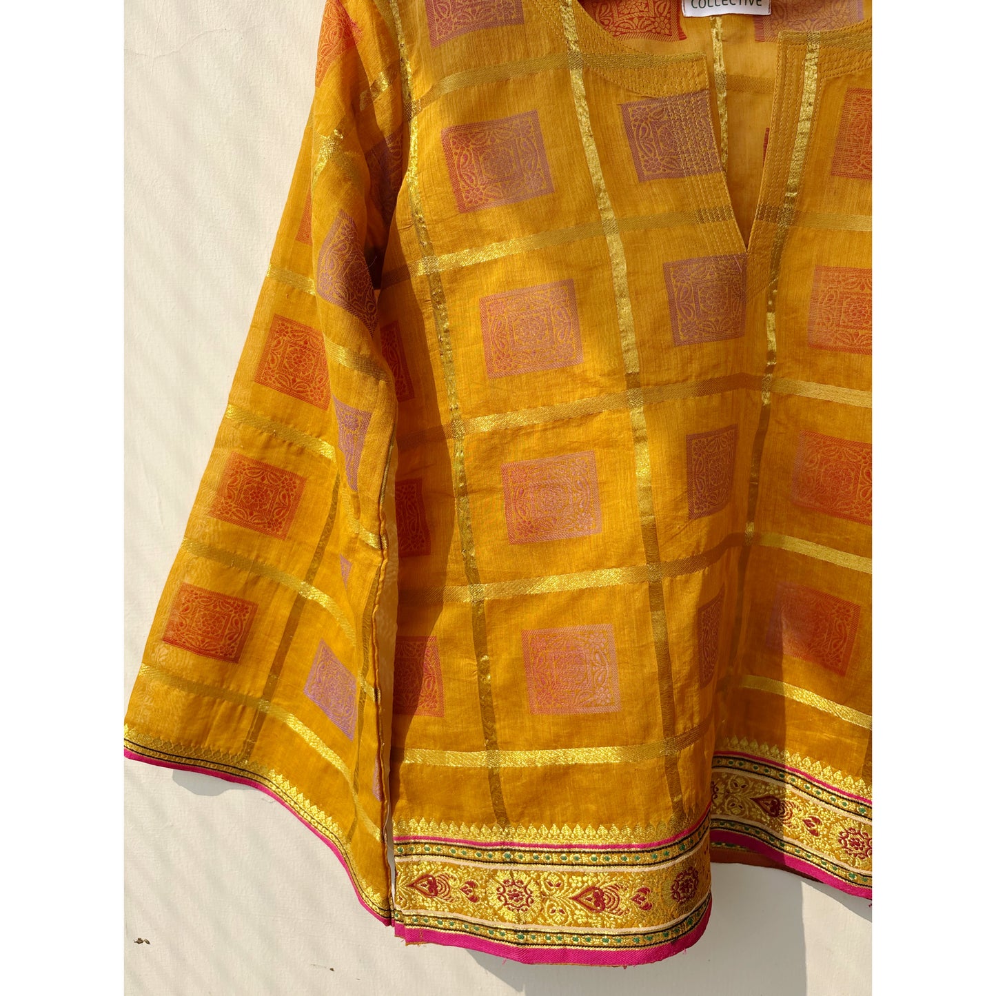 Mustard gold checkered kurta with border