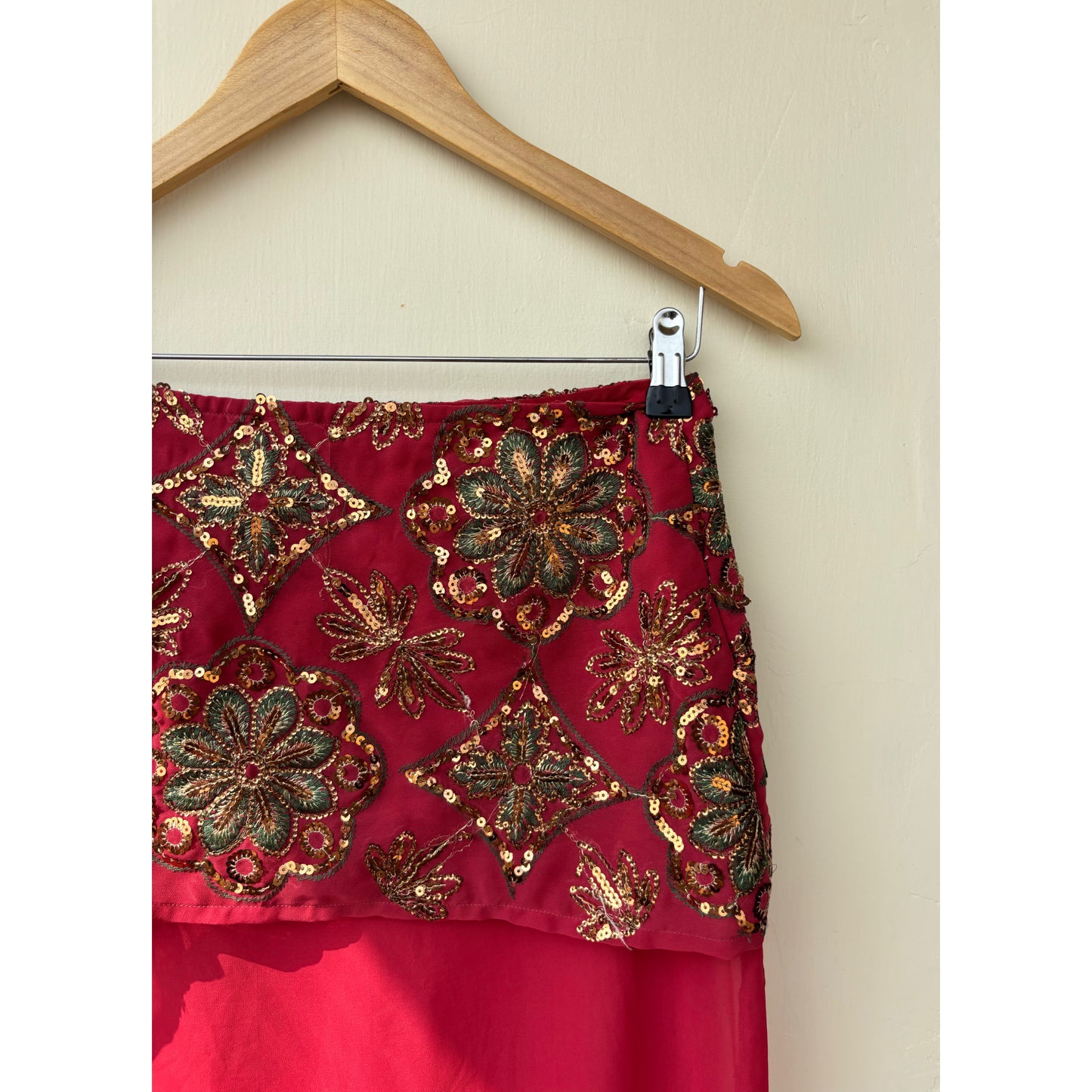 Deep red sequin thread work skirt