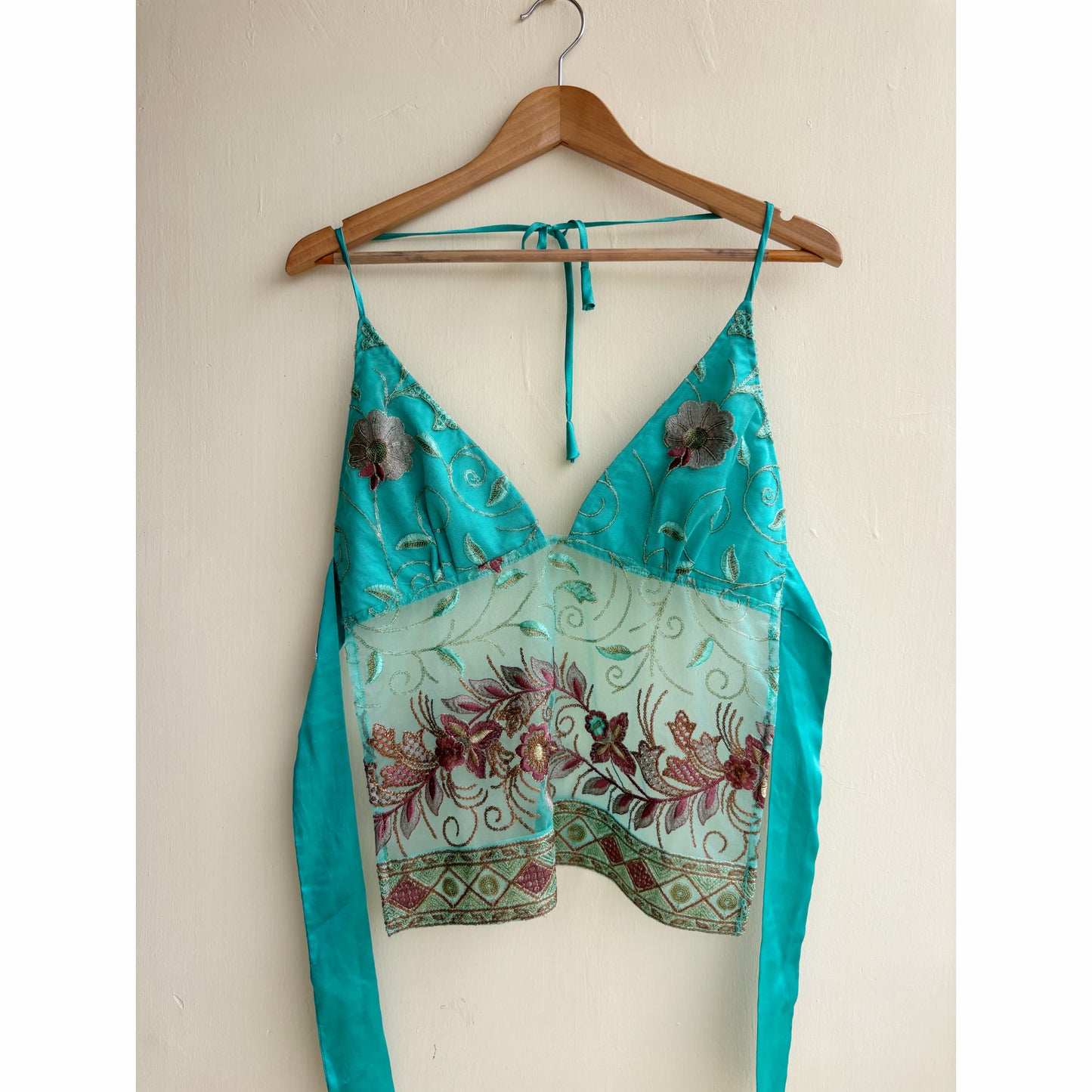 Teal floral embroidered top
