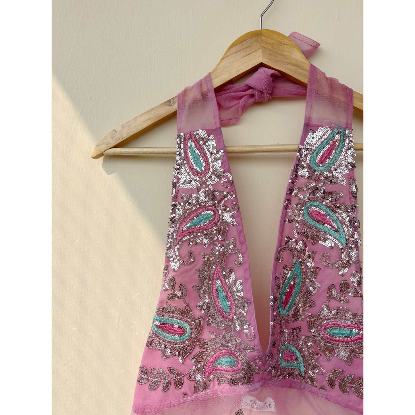 Pink paisely sequins halter neck top