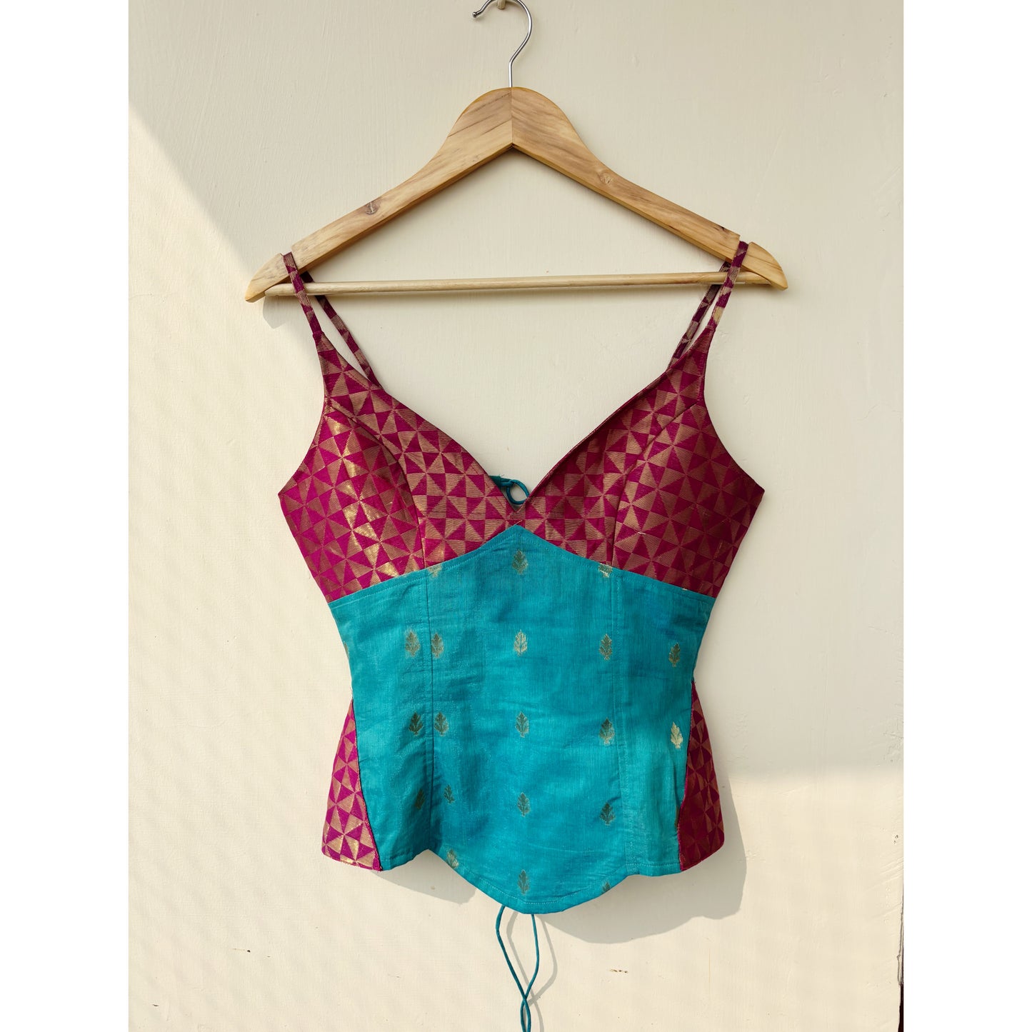 Purple turquoise brocade corset