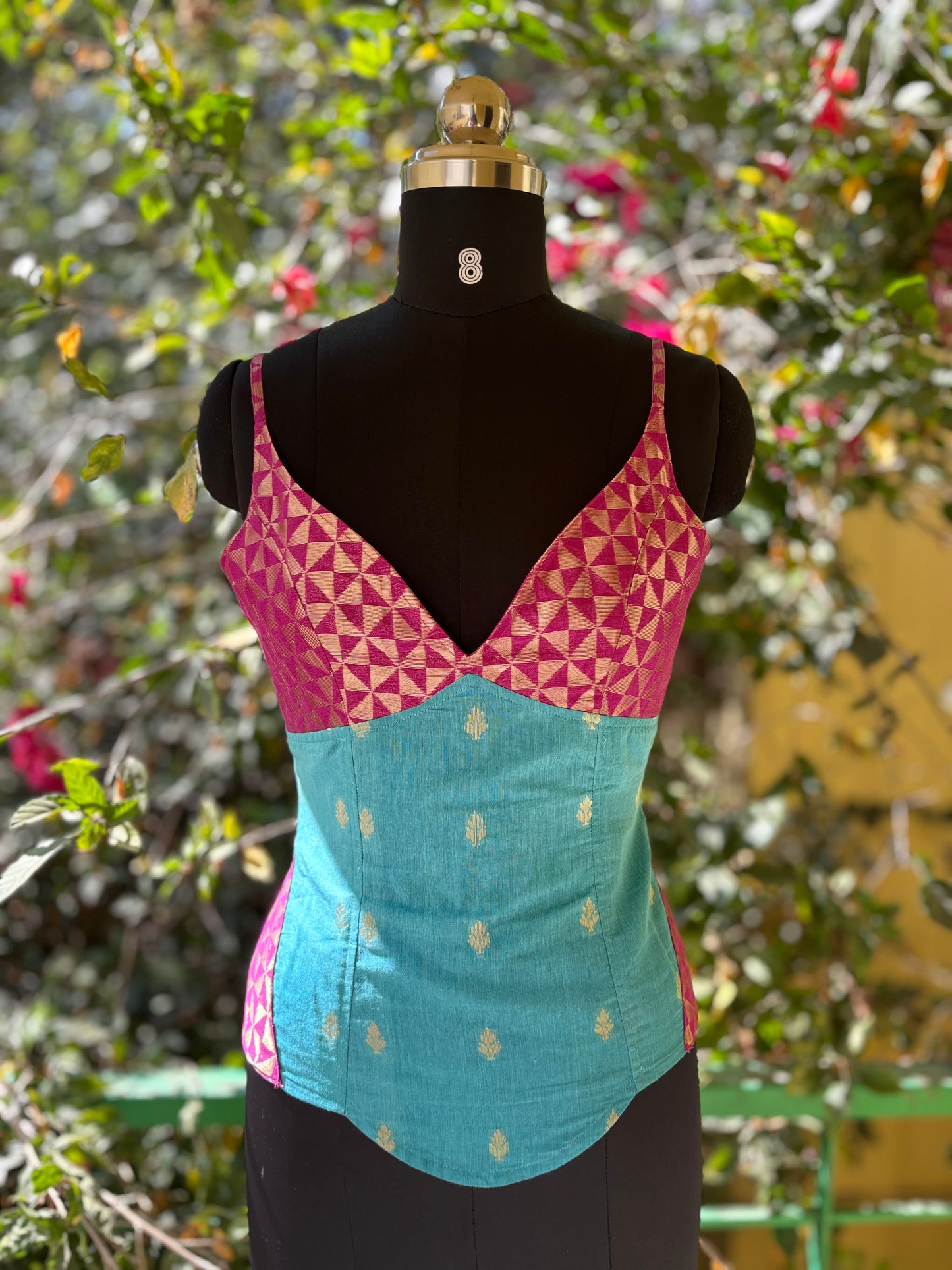 Purple turquoise brocade corset