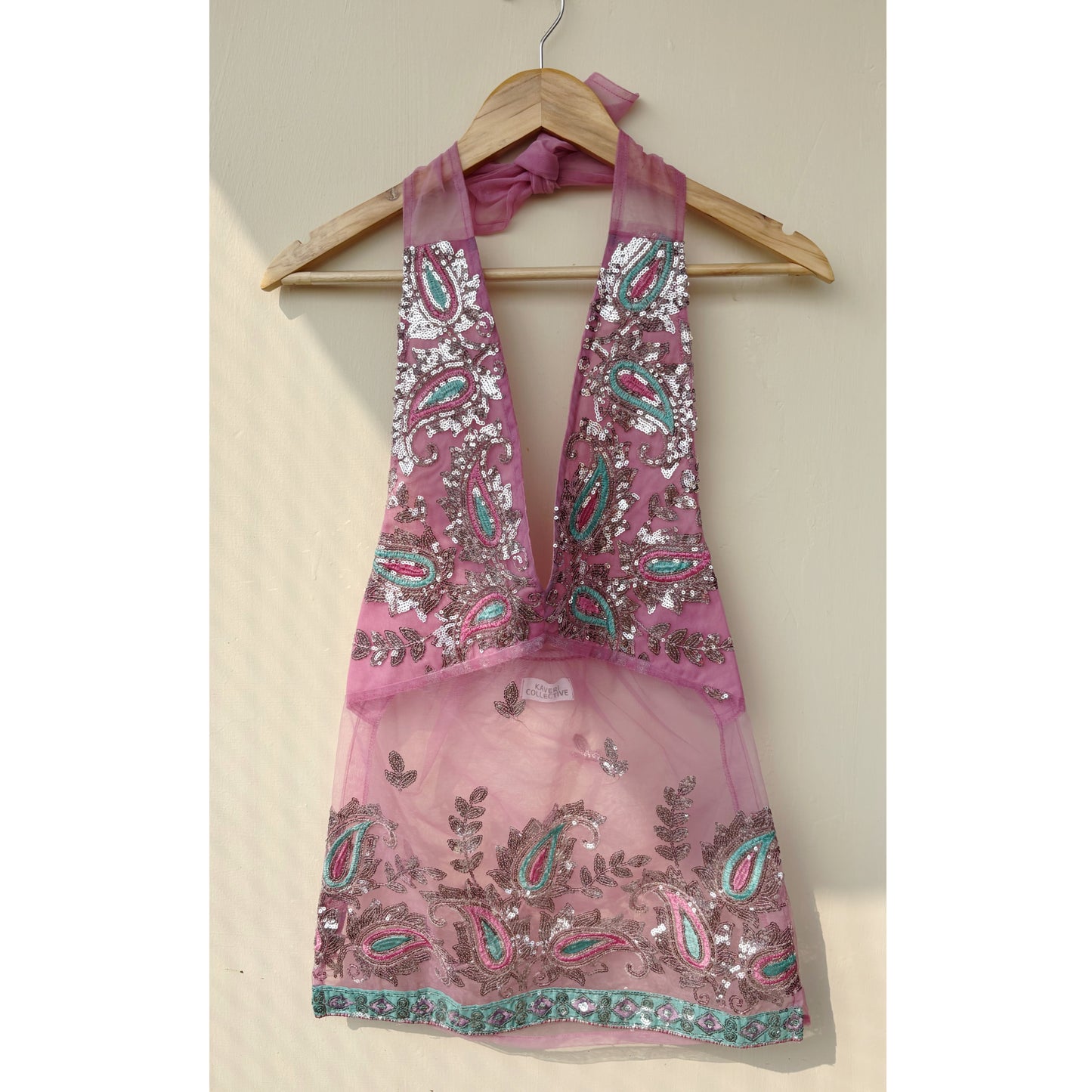 Pink paisely sequins halter neck top
