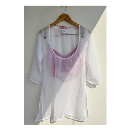 White sheer with pink embroidered bralette kurta