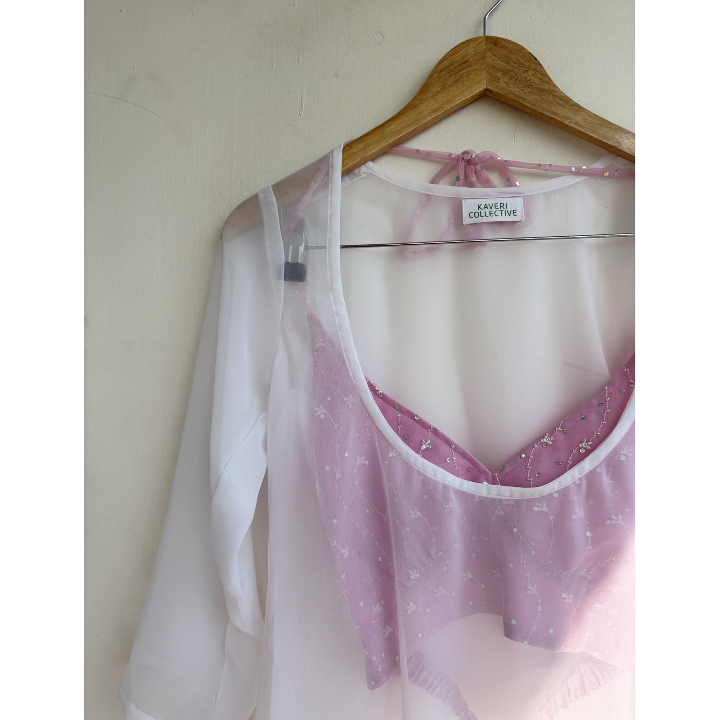 White sheer with pink embroidered bralette kurta