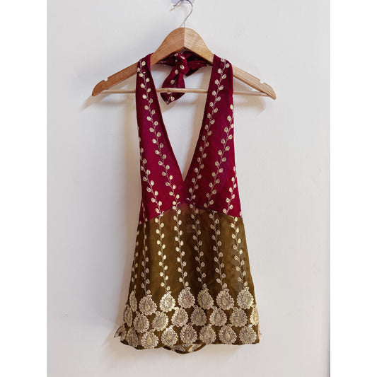 Dual tone red and green halter neck top