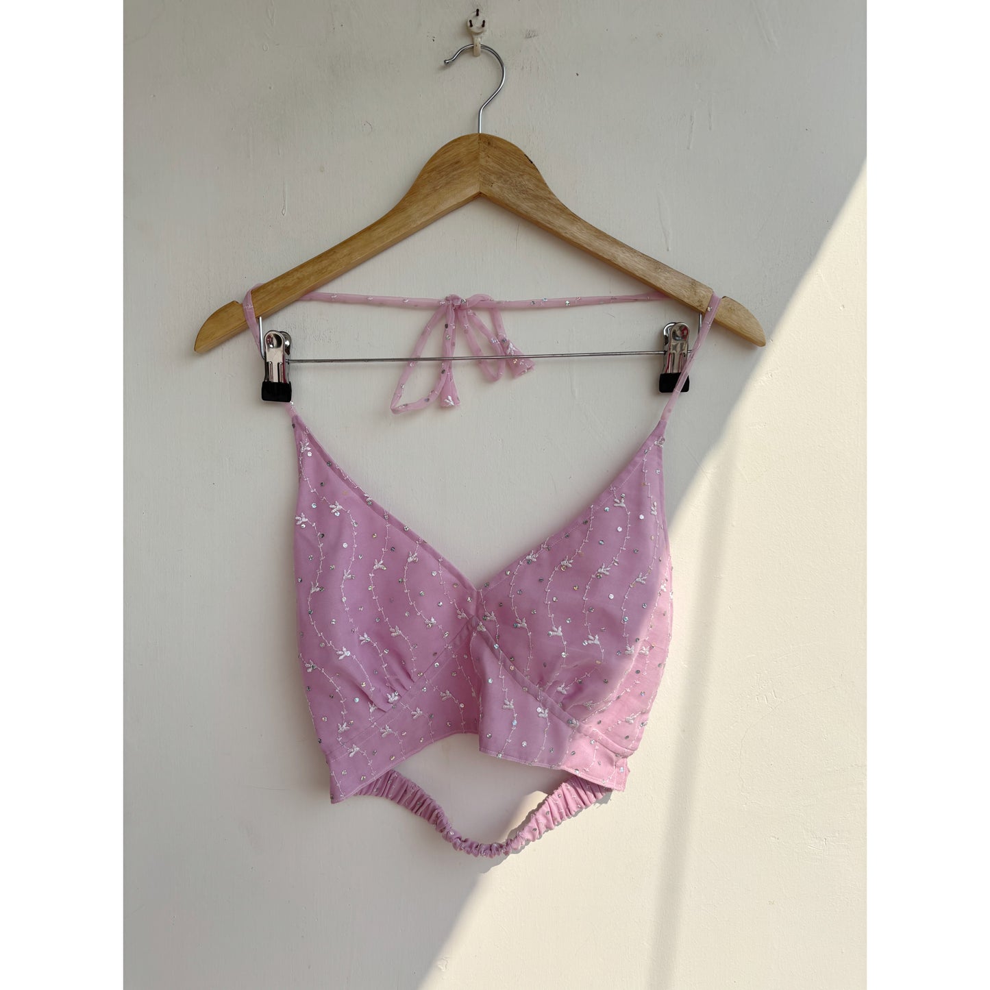 White sheer with pink embroidered bralette kurta