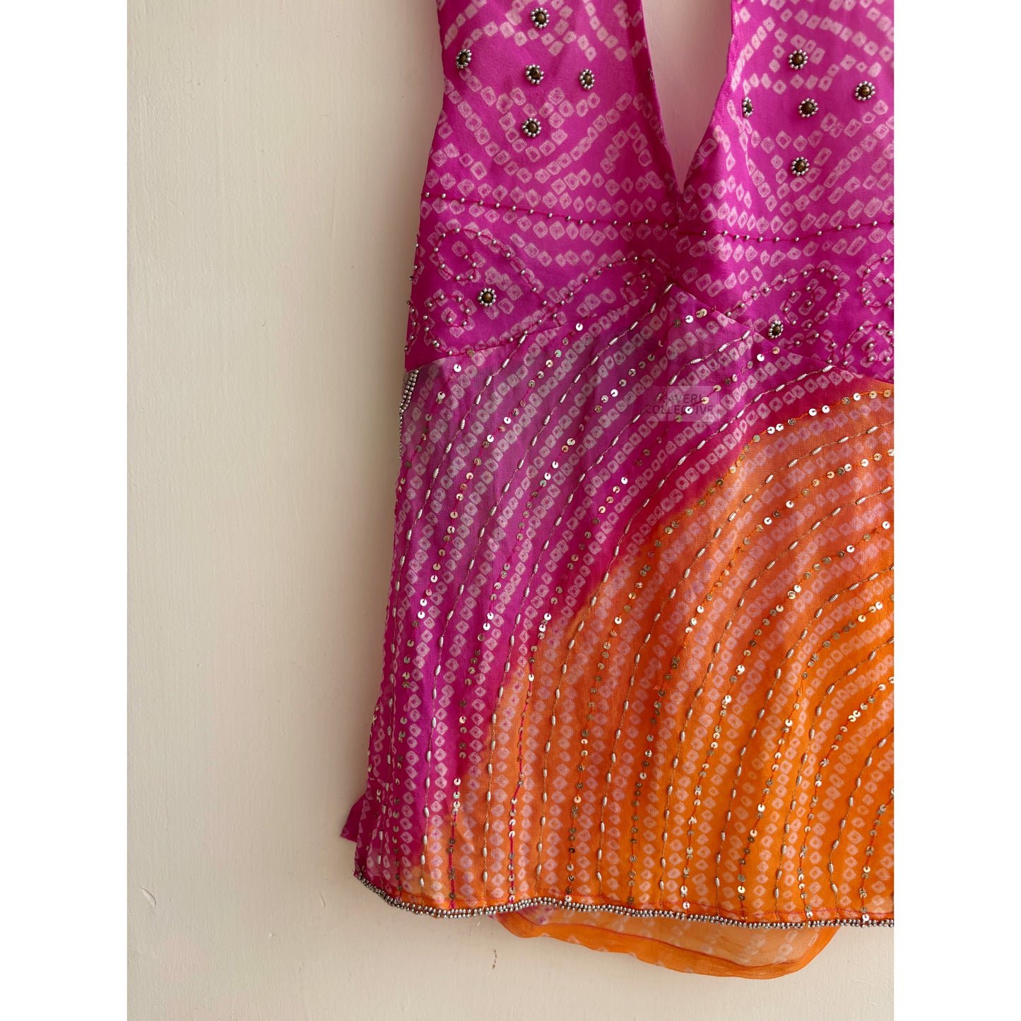 Pink orange beaded bandhani halter neck