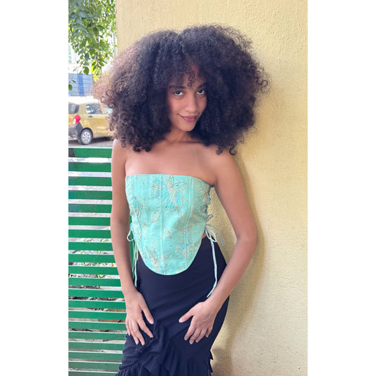 Golden flower misty green corset