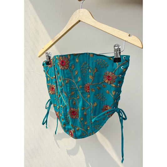 Turquoise floral embroidered corset