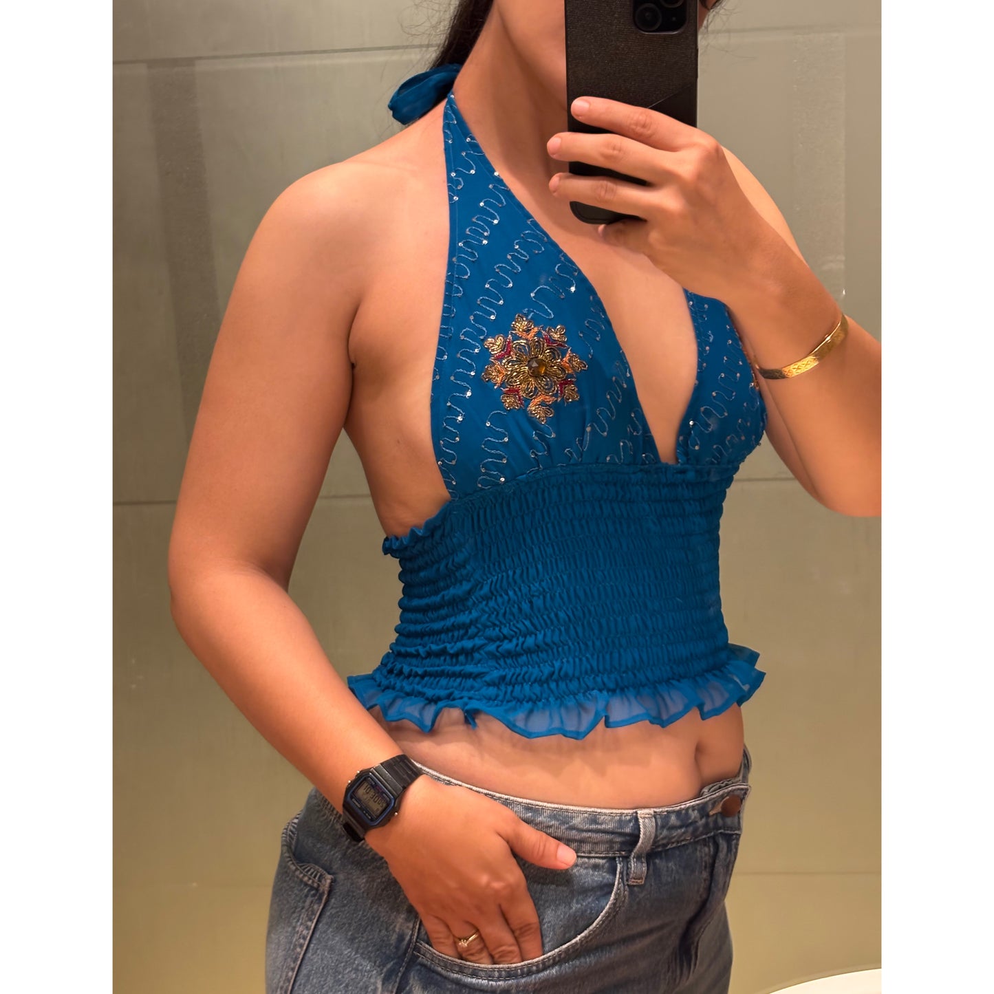 Cobalt blue Floral Embellished Halter Top
