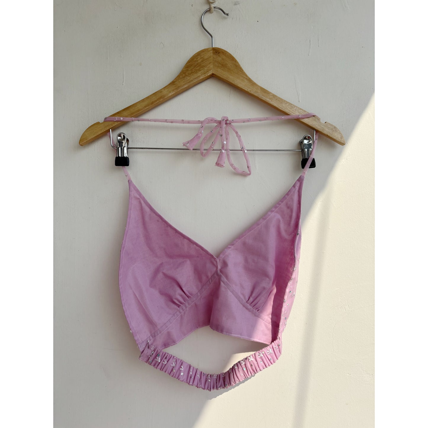 White sheer with pink embroidered bralette kurta