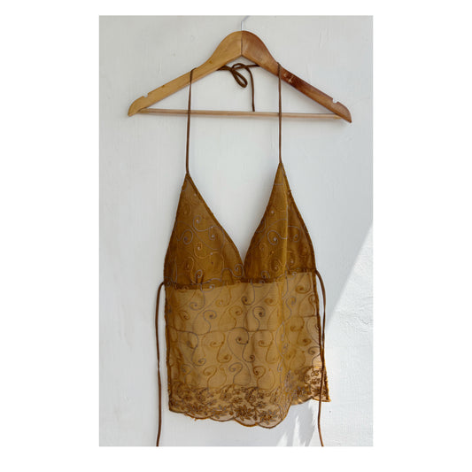 Coffee paisley embroidered top
