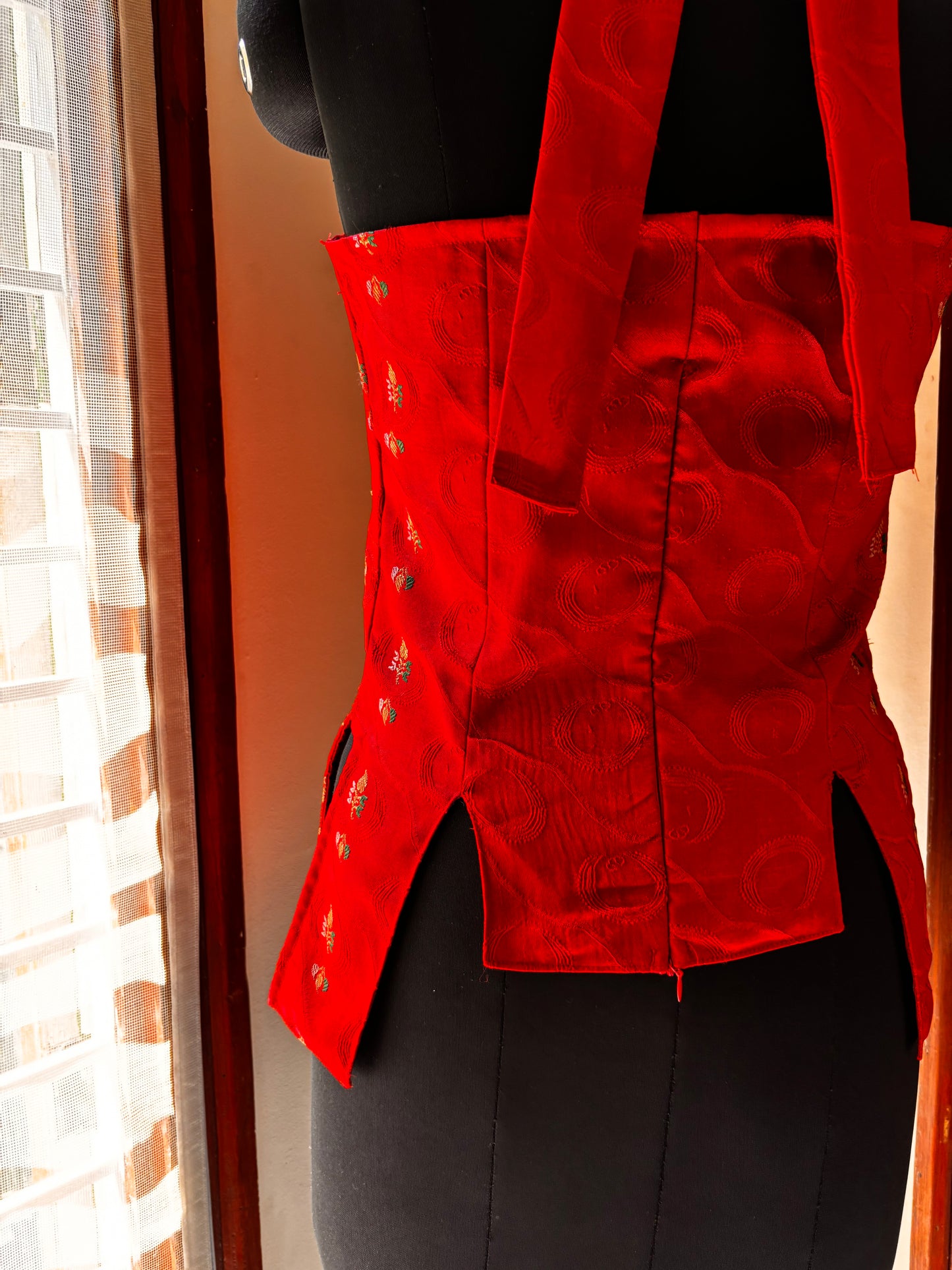 Crimson red embroidered corset