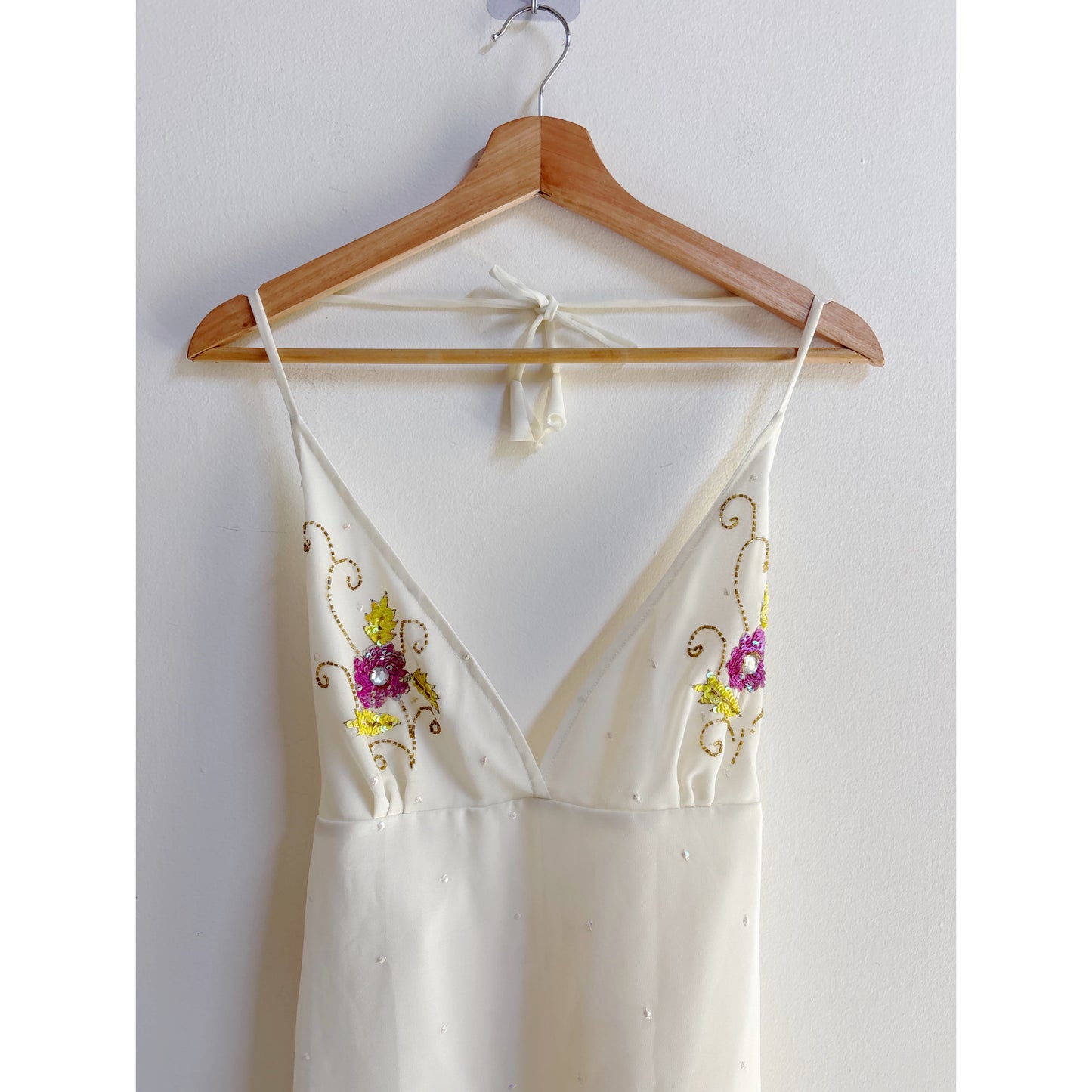 White vintage sequins work halter neck dress