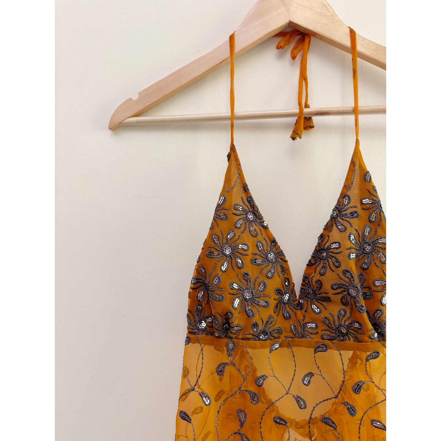 Mustard vintage motif halter neck top