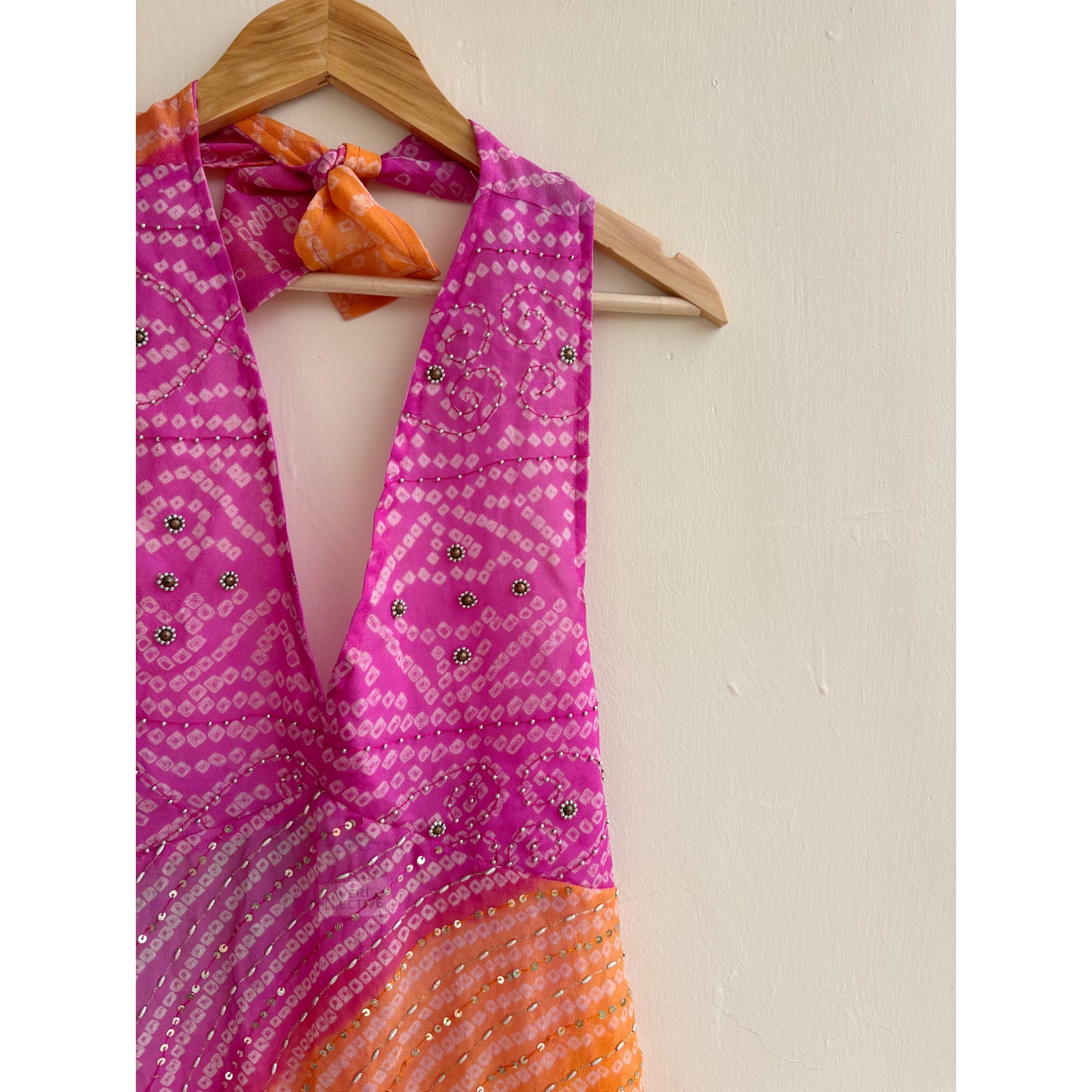 Pink orange beaded bandhani halter neck